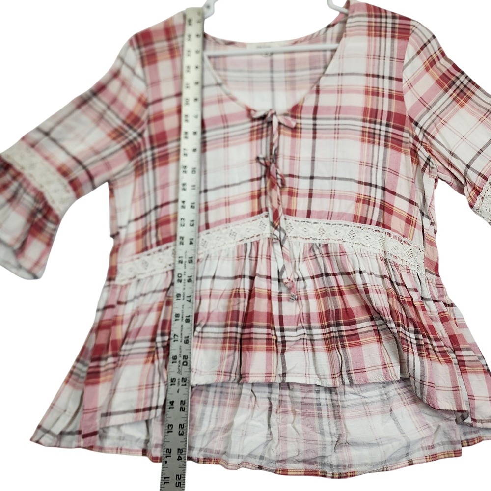 Maurices Pink Plaid Peplum Top M Boho Lace Bell Sleeve Cottagecore Shabby Chic